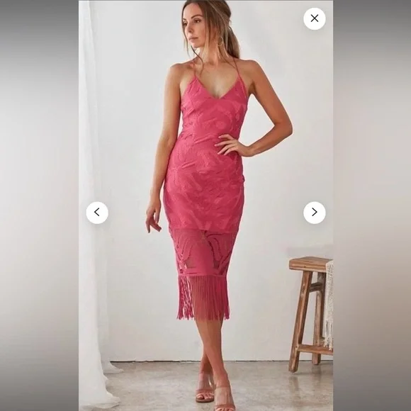 strapless open back dress Hot Pink Halter Top Fringe Midi Dress - All Dresses main image 1